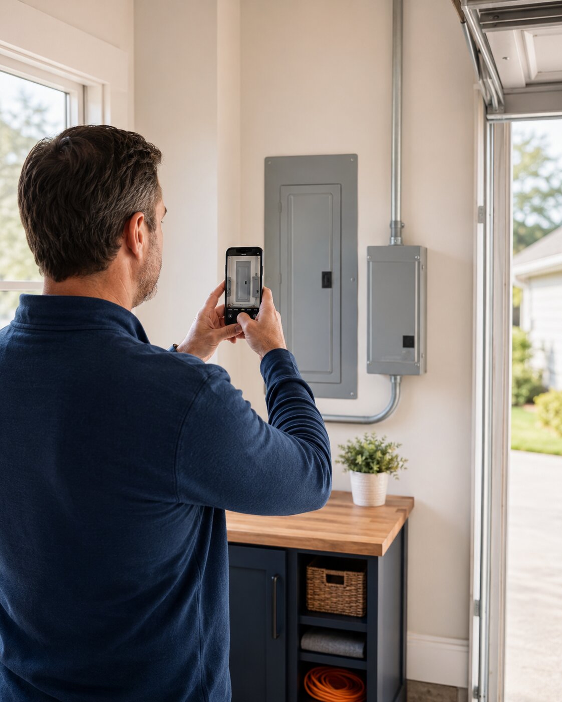 Homeowner safely taking a guided photo of an electrical panel