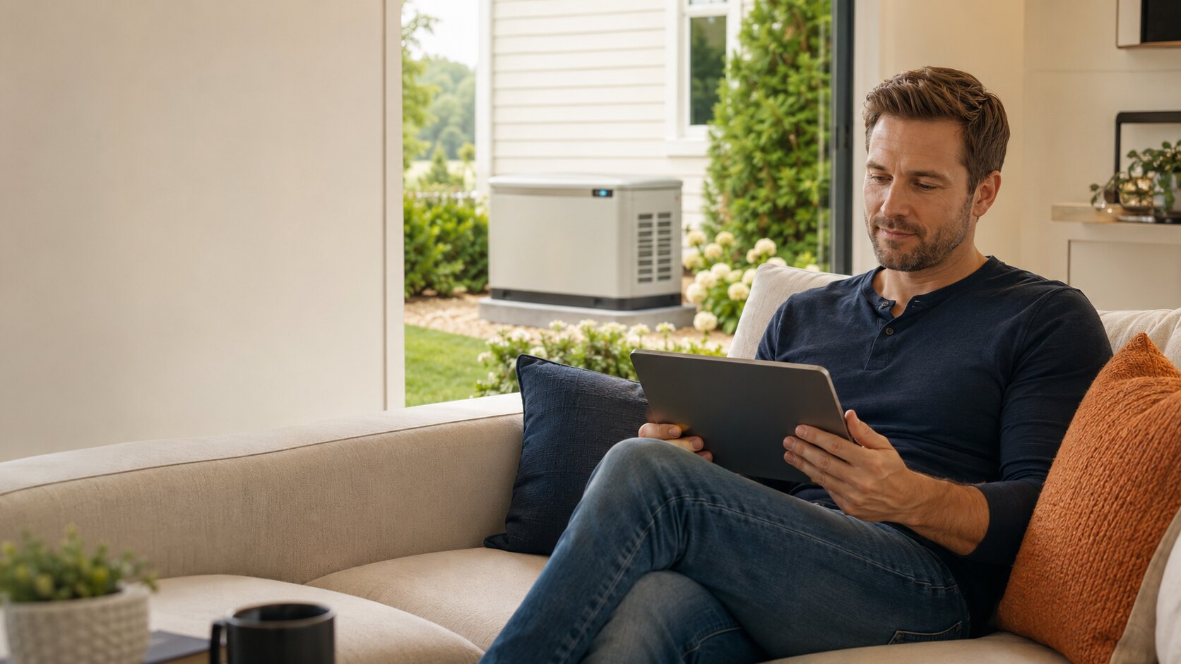 Homeowner beginning a standby generator quote from the couch